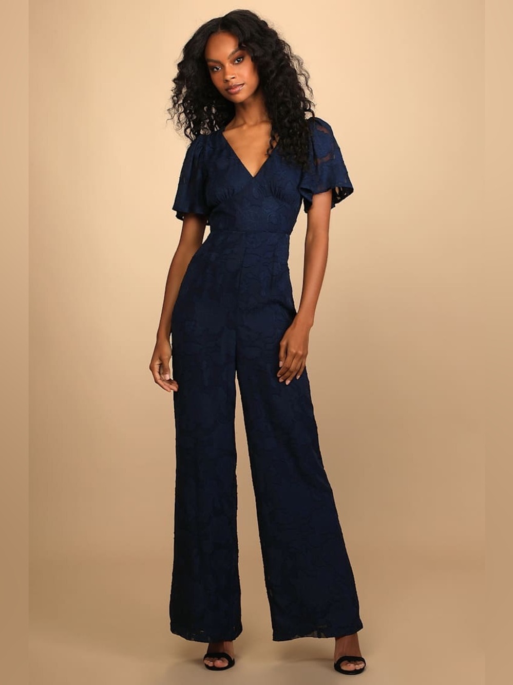 NWT Lulus Special Love Navy Blue Floral Burnout Flutter Sleeve Jumpsuit